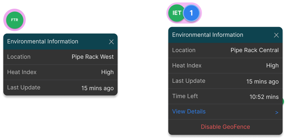 Worker and geofence markers with Environmental Information popups showing location, heat index, last update, time left in zone, and options to view details or disable the geofence