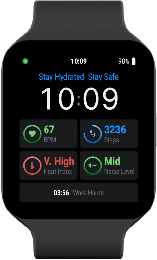 Smartwatch face showing a persistent Stay Hydrated, Stay Safe message alongside heart rate, steps, heat index, noise level and work hours